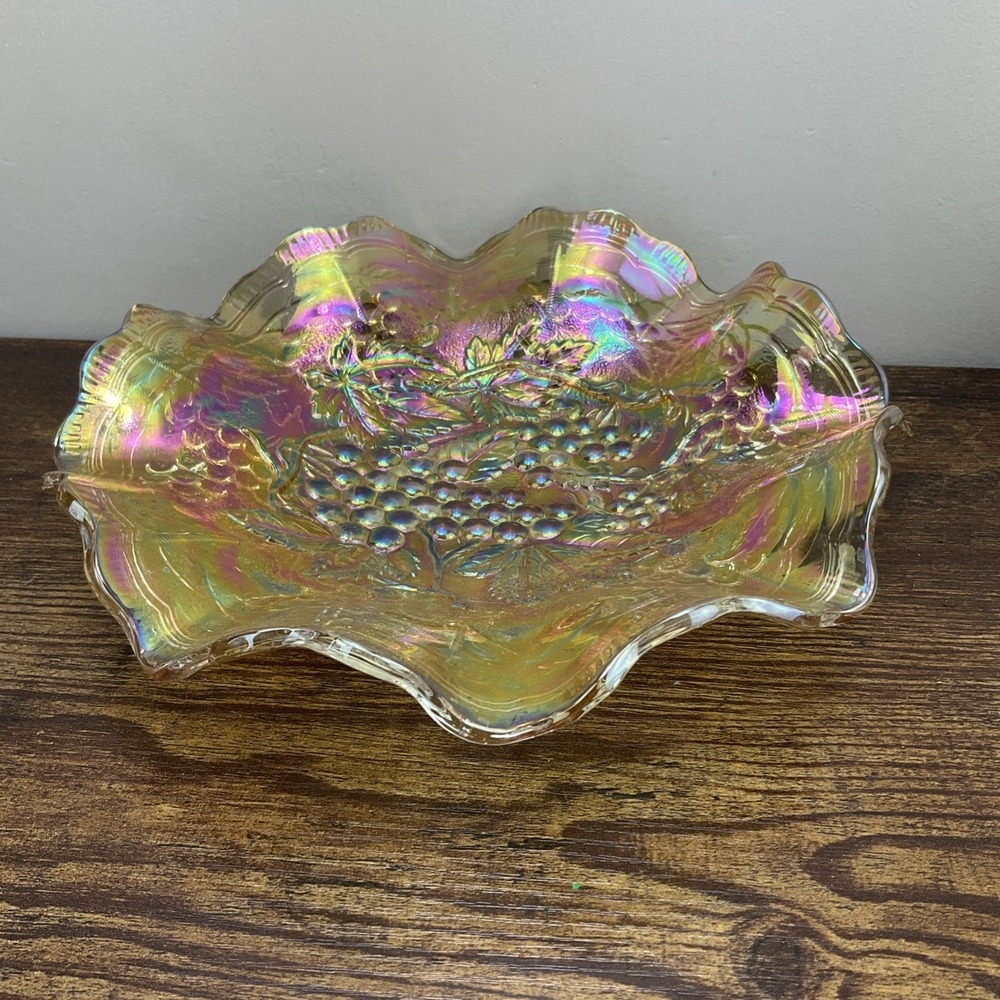 Vintage Millersburg 8 In Marigold Carnival Glass Ruffled Bowl Blackberry Wreath